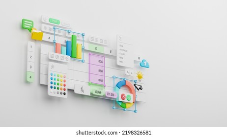 Spreadsheets Graphs Charts Table Data Business Financial Report Analysis Screen Software Accounting Management Marketing Document Growth Diagram Planning Calculate Budget Statistics. 3d Rendering.