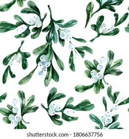 Sprigs of mistletoe with berries on a white background. Seamless patterns. 800 dpi watercolor.