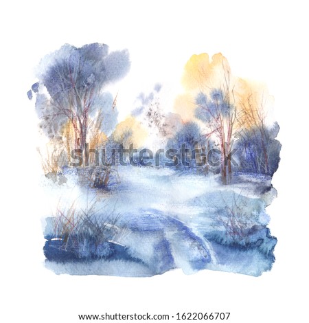 Spring abstract landscape. Winter landscape drawing with snowy trees. Watercolor nature painting. Greeting card with snowy landscape.