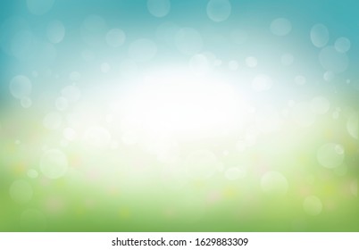 A Spring Background Of Blue And Green, Blurred Foilage And Sky With Bright Bokeh. Illustration