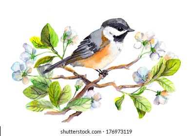 Spring Bird On Blooming Branch With Green Leaves And Flowers. Watercolor Painting. Hand Drawn.