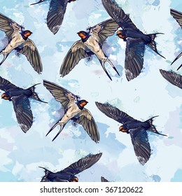 spring birds watercolor illustration, seamless