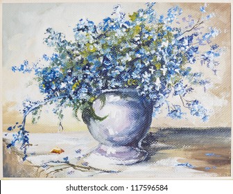 Spring blue flowers " forget me not"  ((Myosotis))  bouquet in ceramic  vase still life oil art handmade painting