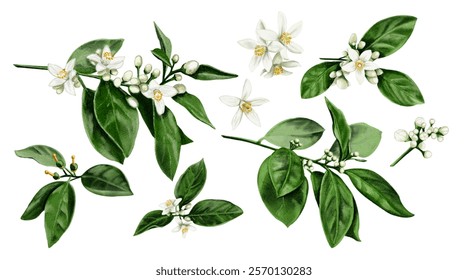 Spring branches. Flowering tree branches. Small white flowers. Citrus plants. Orange blossom flowers. Watercolor illustration. Vintage clipart. Set without background