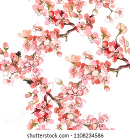 spring branches watercolor om white background seamless pattern for fabrics, paper