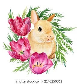 Spring bunny with flowers on white isolated background, watercolor illustration, digital poster. Easter rabbit 