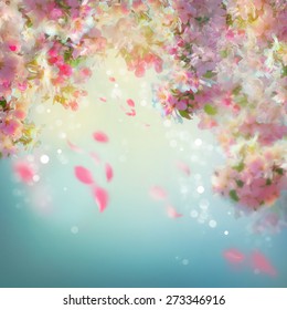 Spring cherry blossom wedding background with falling petals