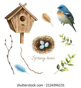 Spring Clipart Illustrations Of Bird Feeders, Nest With Eggs, Branches, Feathers, Birds On A White Background. Isolated.