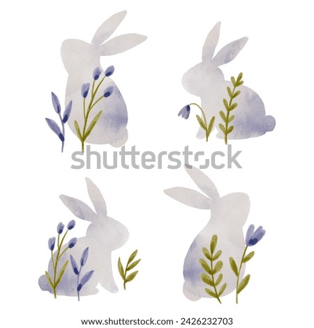 Spring Easter watercolor print. Cute hand drawn Spring print with flowers, leaves and bunny