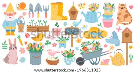 Spring elements. Blooming flower, cute animals and birds. Springtime garden decoration, birdhouse, tool and plants, drawn cartoon  set. Wheelbarrow with tulips, leaves, boots