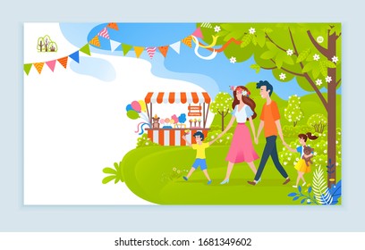 Spring Festival In Park Raster, Family Walking Together Mother And Father With Child On Nature, Tent With Plush Items On Sale, Holiday Celebration. Website Or Webpage Template, Landing Page Flat Style