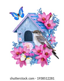 Spring festive easter background, birds sitting near a nest with eggs, a birdhouse on the branches, the first flowers, butterflies, blue pastel colors, 3d rendering