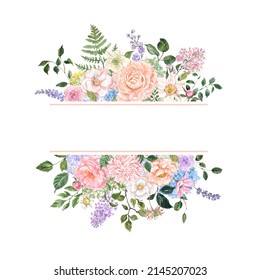 Spring Floral Frame. Watercolor Blush Pink, Purple, White Flowers And Green Leaf On White Background. Holiday Botanical Border For Cards, Invitations. Hand Painted Illustration.