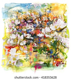 Spring Flowers Apple, Abstract Painting By Mixed Media