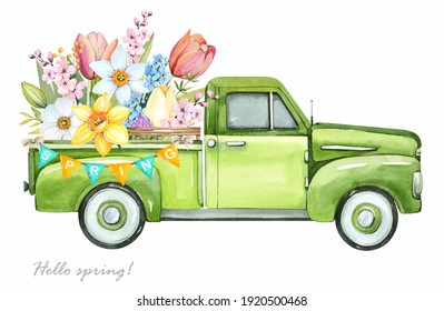 Spring flowers bouquet. Green old truck on a white background. Watercolor illustration.