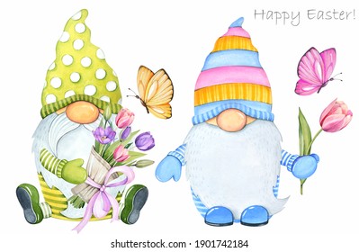 Spring flowers. Cute Easter gnomes. Watercolor illustration. Easter card.