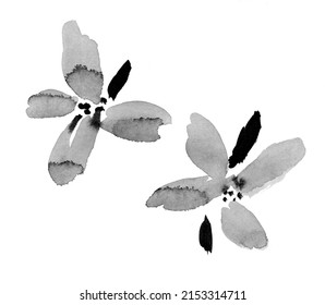 Spring flowers, hand-drawn. Black silhouettes of brush colors. Ink drawing of wild plants, monochrome botanical illustration. Pansies, violets isolated on white.