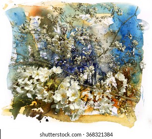 Spring And Flowers, Watercolor And Mixed Media Abstract Background