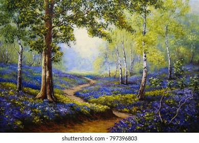 Spring forest. Flowers. Oil paintings landscape. Fine art.