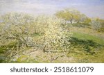 Spring (Fruit Trees in Bloom) (1873) by Claude Mone. Vintage Spring tree garden impressionism art drawing illustration, Monet blooming flower tree old painting art print.