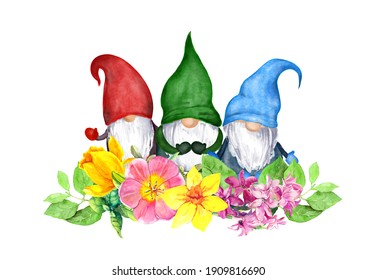 Spring Gnomes With Flowers Of Meadow. Gardening In Blooming Nature. Floral Watercolor With Cute Dwarfs Family