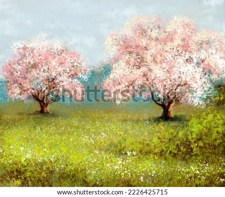 Spring landscape with blooming tree, digital oil paintings spring landscape. Fine art, artwork