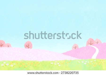 Spring landscape illustration of fields and mountains with cherry blossoms against the blue sky