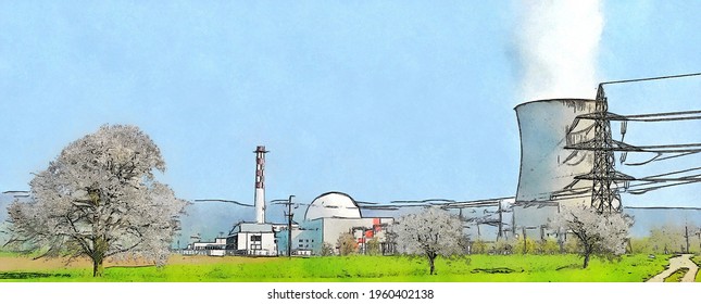 Spring Landscape With Nuclear Power Plant, Watercolor Sketch Illustration.