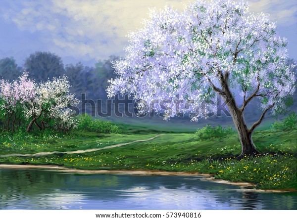 春の風景画 デジタルアート のイラスト素材