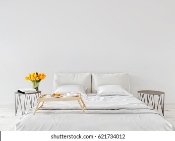 Spring Morning Mock Up Wall Bedroom Interior Urban Contemporary Design. Scandinavian Style Interior. 3d Rendering