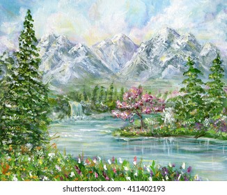Spring mountain landscape original acrylic painting