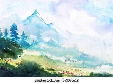 Spring Mountain Watercolor Landscape.