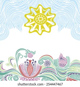 Spring nature pattern background sun and flowers illustration