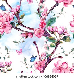 Spring nature watercolor seamless pattern with flowers apricot tree branches, isolated decorative botanical illustration with flower, and butterflies