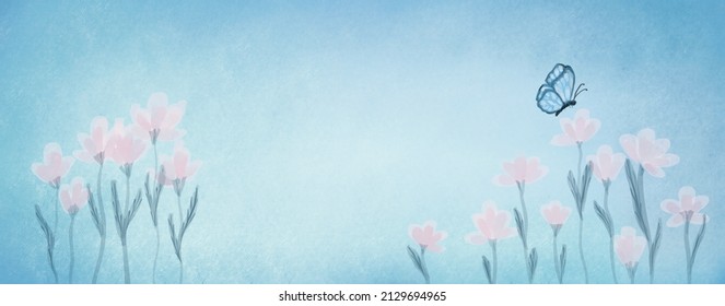 Spring Pink Flowers And Butterfly On A Beautiful Blue Background. Blurred Gentle Sky-blue Background. Floral Nature Background, Free Space For Text. Romantic Soft Gentle Artistic Image For Wallpaper, 
