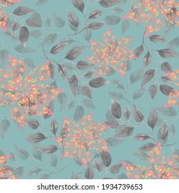 Spring postcard with yellow pink flowers watercolor, foliage and branches, blue background, organic seamless pattern, vintage wallpaper, frame, textile