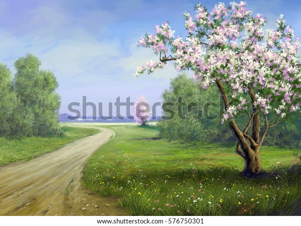 春 道路 風景画 デジタルアート のイラスト素材