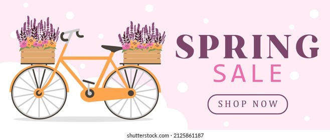Spring sale banner with flowers and bike. Can be used for templates, banners, wallpapers, flyers, invitations, posters, brochures, discount coupons.