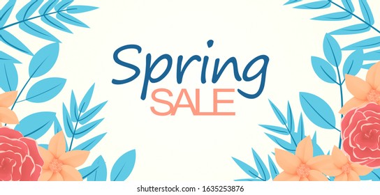 Spring Sale Banner. White backdrop with beautiful colorful flower frame. Poster template illustration, panorama - Powered by Shutterstock