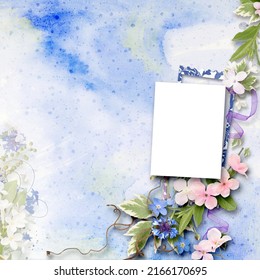 Spring scrapbook collage with tender cornflowers on blue background. Spring blossom mood. Decorative frame for photo in scrapbook style with pink and blue flowers. Romantic theme. Spring, summer - Powered by Shutterstock