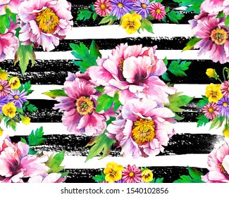 Spring seamless illustrations with purple watercolor peonies, pansies . Floral pattern with wild flowers on a striped black and white background for your design and decor.