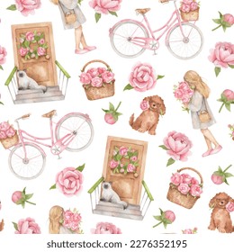 Spring seamless pattern with vintage bicycle, girl with bouquet, dog with flower, cat and peonies. Watercolor hand-drawn texture with pink flowers and bike - Powered by Shutterstock