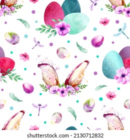 Spring seamless pattern. Watercolor Easter background.  Rabbit ears and painted eggs. Flowers and dragonflys. Hand-painted illustration. Bright colorful drawing on a white background.