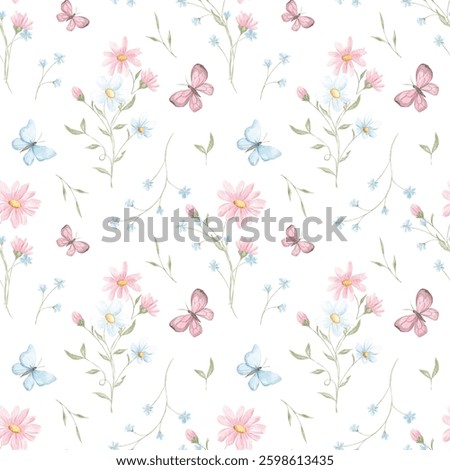 Spring seamless pattern, watercolor. Texture. Small spring flowers. Blooming. Summer. Pink, blue. Home textile, tablecloth. Print for fabric. Floral pattern.