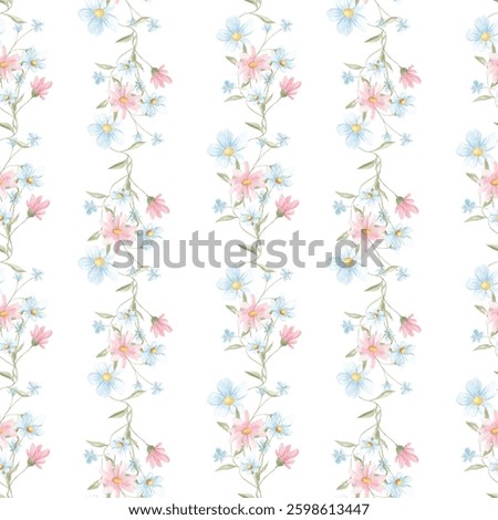 Spring seamless pattern, watercolor. Texture. Small spring flowers. Blooming. Summer. Pink, blue. Home textile, tablecloth. Print for fabric. Floral pattern.