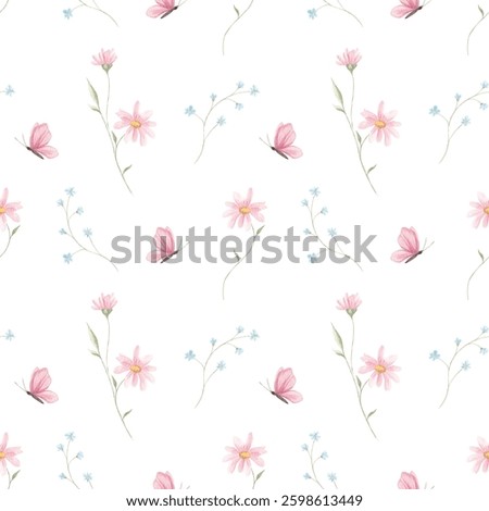 Spring seamless pattern, watercolor. Texture. Small spring flowers. Blooming. Summer. Pink, blue. Home textile, tablecloth. Print for fabric. Floral pattern.