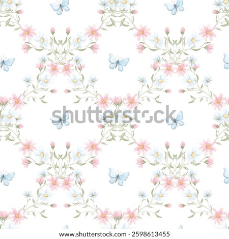 Spring seamless pattern, watercolor. Texture. Small spring flowers. Blooming. Summer. Pink, blue. Home textile, tablecloth. Print for fabric. Floral pattern.