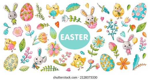 Spring Set Of Easter Illustrations. Watercolor Elements On A White Background.