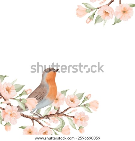 Spring square Frame with Bird and Blossoming Branch with Peach or Cherry Flowers. Hand drawn watercolor illustration on a white background. Ideal for nature, greeting cards and bird Day designs.