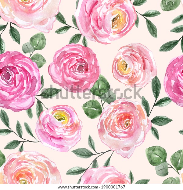 Spring or summer floral seamless pattern in vintage style. Watercolor blush pink roses, ranunculus flowers, green leaves on pastel pink background. Botanical wallpaper. 